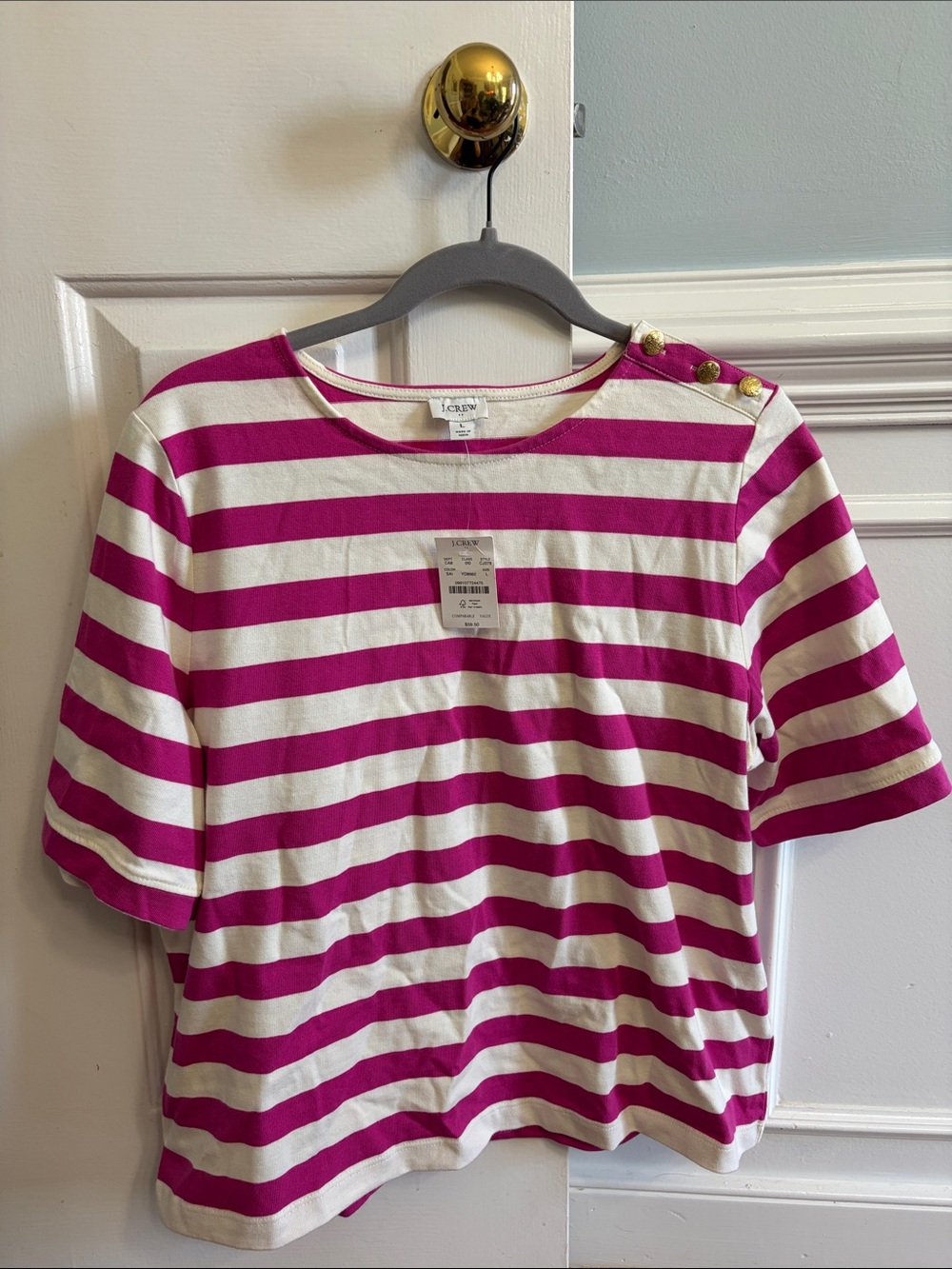 J. Crew Fuschia and White Striped Short Sleeve Boatneck Top with Gold Buttons